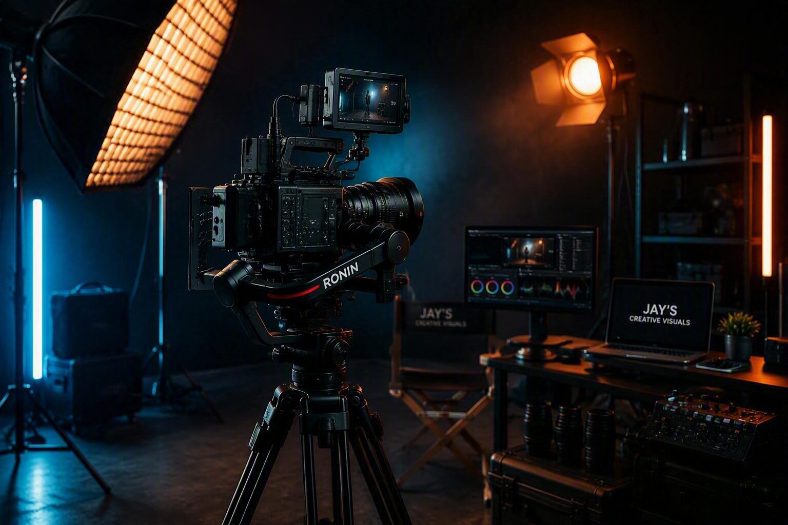 Behind the scenes of a Jay's Creative Visuals video production shoot with cinema camera and lighting setup