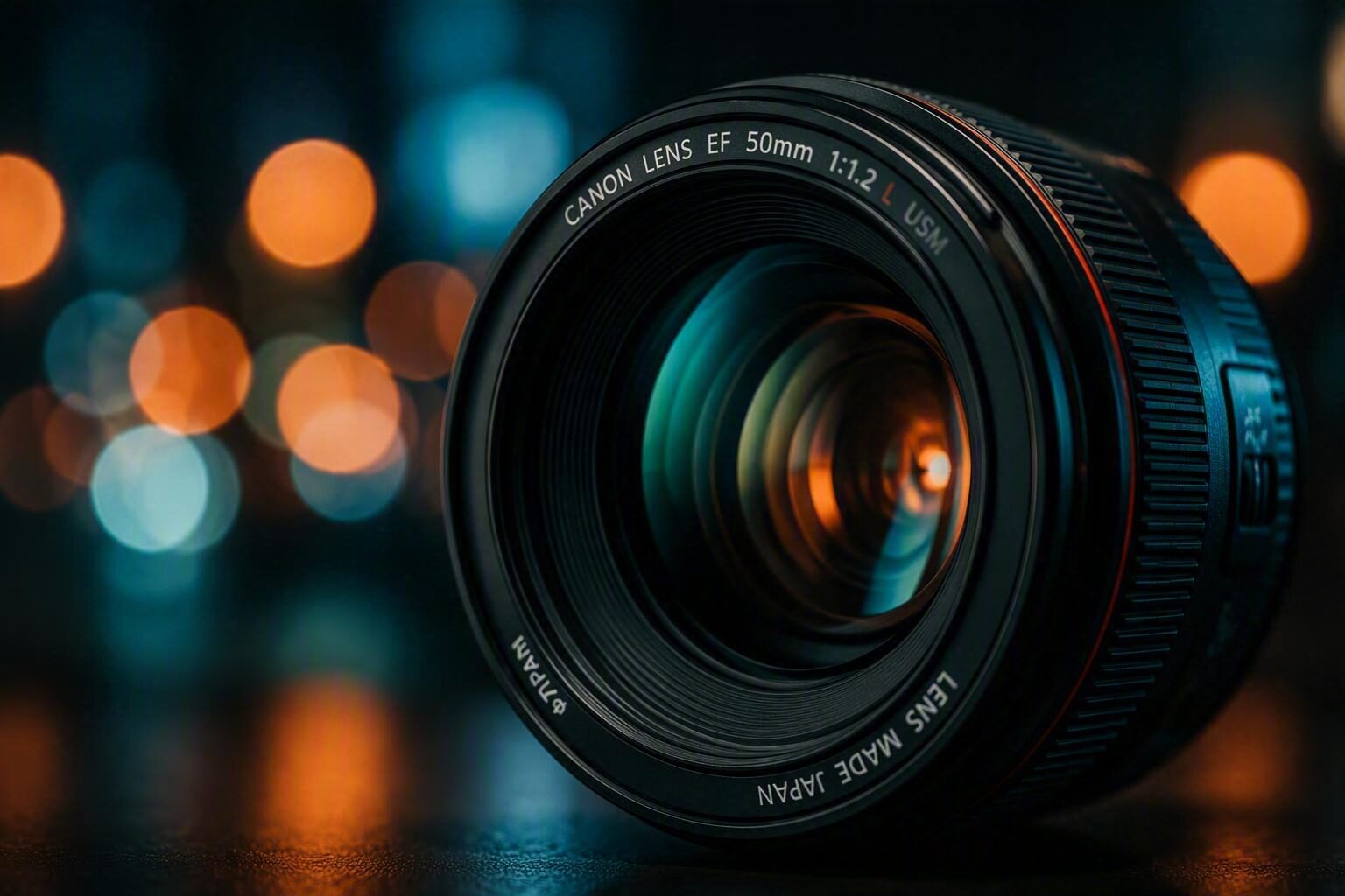 Close up macro shot of a camera lens with bokeh city lights in the background