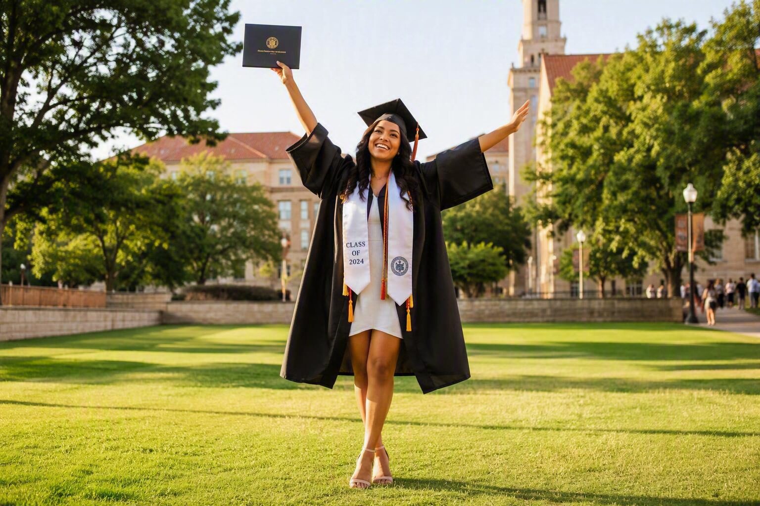 Graduate celebrating outdoors on a university campus lawn